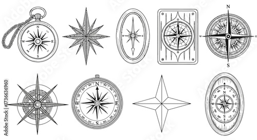 Collection of vintage navigational compasses and directional guides illustrating various styles and designs for exploration and travel