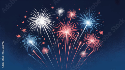 A patriotic themed background design featuring fireworks and stars against a deep navy blue backdrop