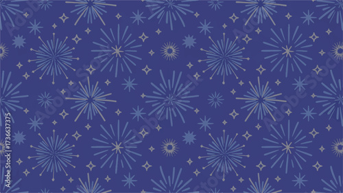 A seamless pattern design on a deep royal blue background featuring repeating stars and fireworks patterns. 