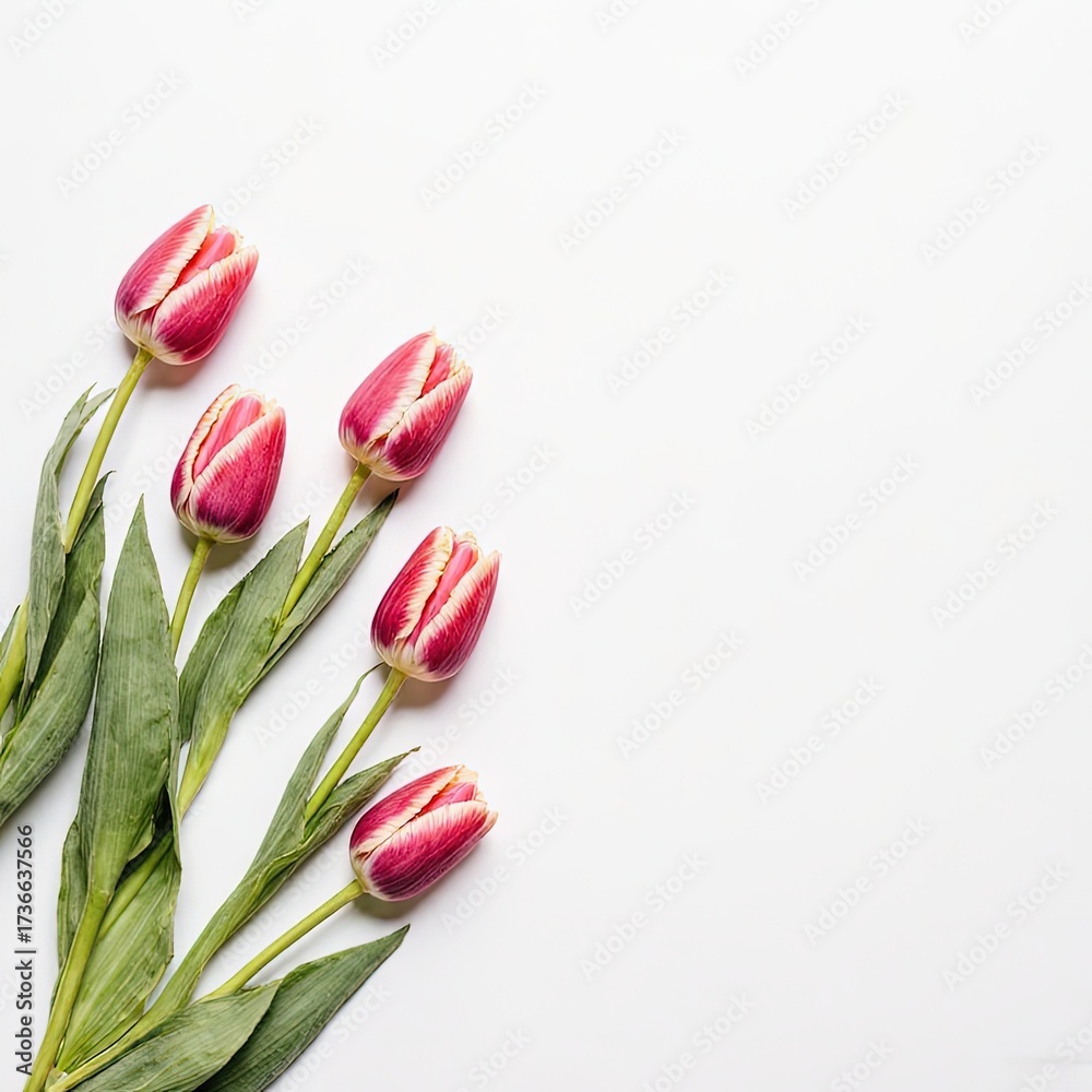 Obraz premium Five pink-and-white tulips with green stems rest on a clean white background — fresh, delicate, and perfect for spring, romance, or minimalist floral design themes.