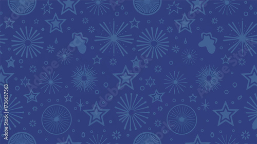 A seamless pattern design on a deep royal blue background featuring repeating stars and fireworks patterns. 