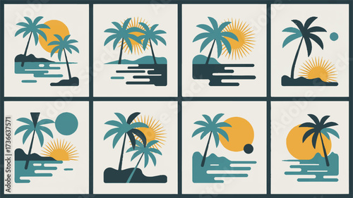 A set of 7 minimalist tropical beach scenes arranged in a 2x4 grid. 