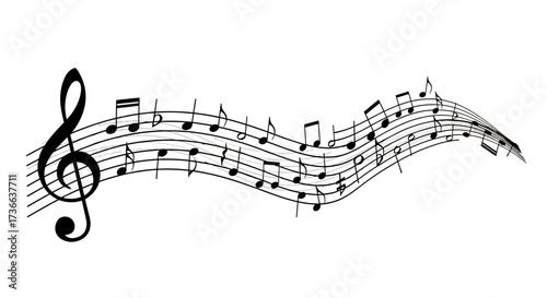 Abstract visual representation of musical notes flowing across a staff with a prominent treble clef symbol suggesting melody and rhythm and artistic expression