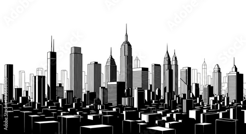 A Stylized Black and White Silhouette of a Modern City Skyline Under a Bright Sky