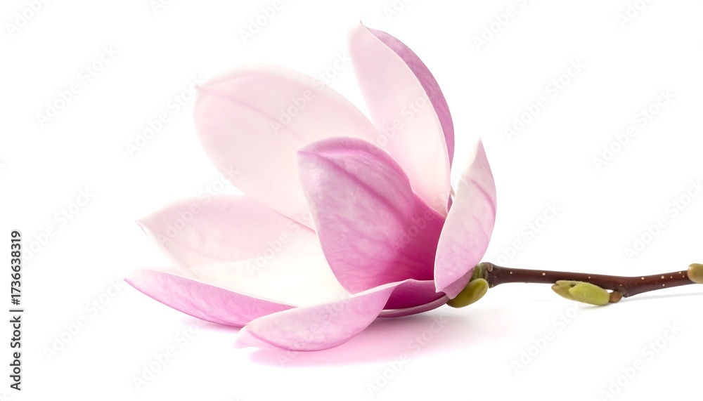 Fototapeta premium Delicate pink magnolia blossom, gracefully displayed against a pure white background.