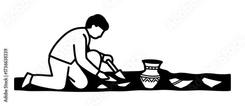 Minimalist Vector Archaeologist Excavating Ancient Pottery