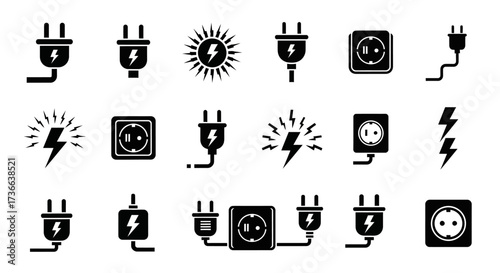 Collection of Electrical Outlet and Plug Vector Icons Representing Power and Energy Concepts