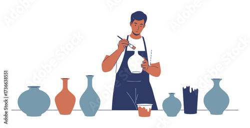 Ceramic Artist Glazing Vases, Vector Illustration