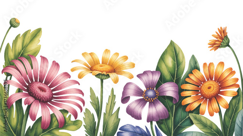 A whimsical illustration of colorful flowers arranged horizontally across a white background.  