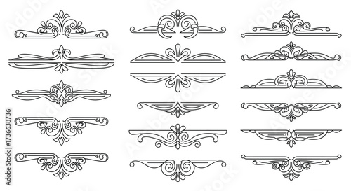 Set of fifteen black outline decorative ornamental dividers and borders on a white background Keywords: divider, border, ornamental, decorative, flourish, swirl, elegant, vintage, outline, black