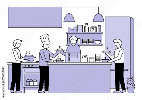 Community Kitchen Serving Meals - Vector Illustration
