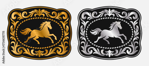 Horse Label belt buckle wild Western rodeo ranch cowboy style tag design gold and silver stylized silhouette vector design.