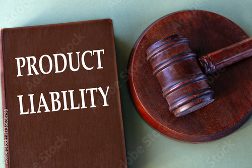 Brown book with the text PRODUCT LIABILITY with a judge's gavel