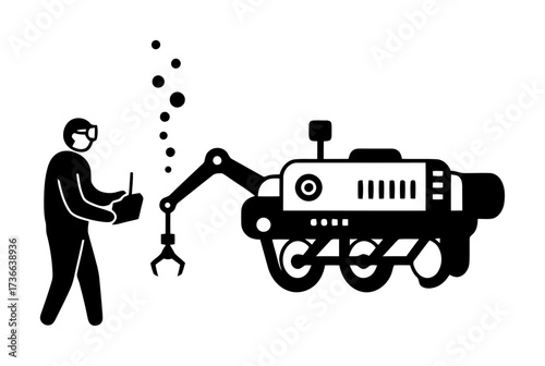 Deep Sea Researcher Operating Remote Underwater Vehicle Minimalist Vector Illustration