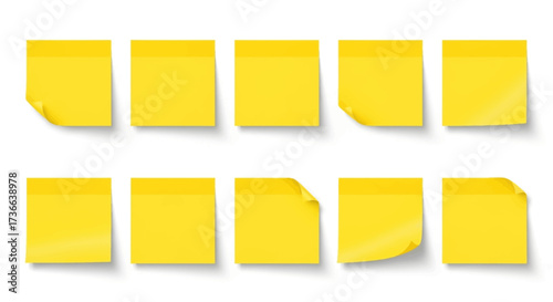 Collection of ten individual yellow sticky notes arranged in two rows casting subtle shadows on a white background