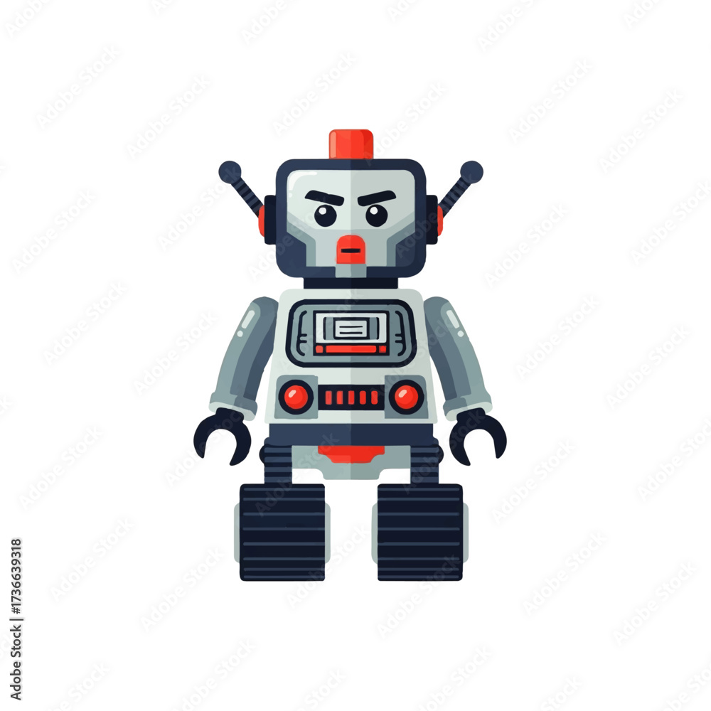 Fototapeta premium Grumpy cartoon robot with caterpillar tracks in a classic toy design. Vector illustration of an angry android character isolated on a white background