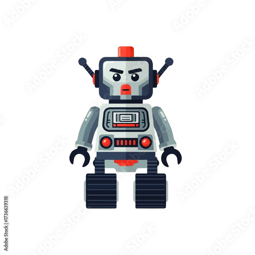 Grumpy cartoon robot with caterpillar tracks in a classic toy design. Vector illustration of an angry android character isolated on a white background