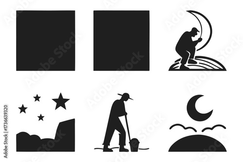 Artistic twilight minimalist icon set with six designs