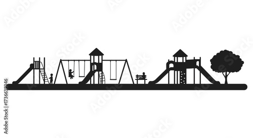 Silhouette of a large children's playground with swings slides and climbing structures in a park setting.