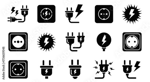 Collection of Electrical Plugs Outlets and Lightning Bolt Symbols for Energy and Power Concepts