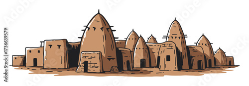 Hand-drawn illustration of a traditional African mud brick village. Vector sketch representing Sahelian architecture, culture, and history in a desert settlement.