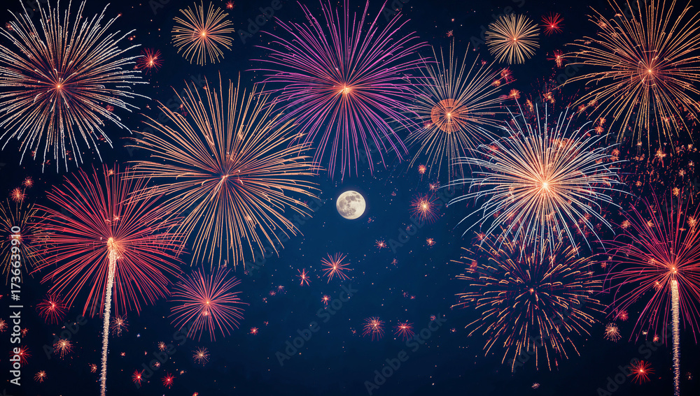 Naklejka premium Celestial Fireworks Display with Full Moon