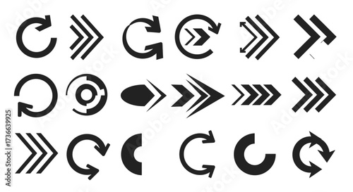 Collection of Diverse Arrow Icons Representing Direction and Movement in a Stylized Graphic Design