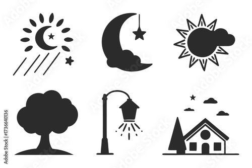 Minimalist cloudy nightfall icon set with six designs