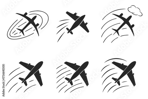 Set of six minimalist cyclone sky icons in black and yellow