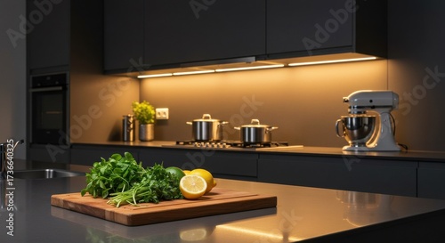 Fototapeta Naklejka Na Ścianę i Meble -  Modern kitchen counter with fresh herbs and lemons on cutting board