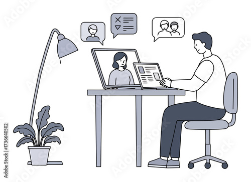 Recruiter conducting an online video job interview via laptop. Minimalist vector illustration for remote work, virtual hiring, and business communication concepts.