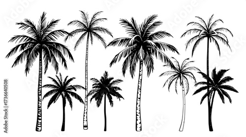 Modern minimalist poster with eight palm tree line drawings in horizontal layout. Black outlines, some solid fills, neutral cream background, clean flat design emphasizing geometry and simplicity.”