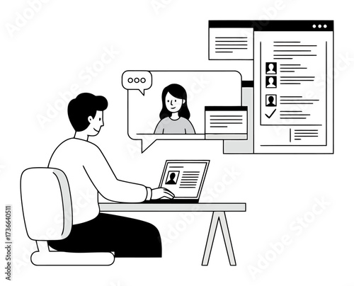 Recruiter conducting an online video job interview via laptop. Minimalist vector illustration for remote work, virtual hiring, and business communication concepts.