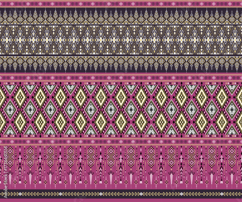 Vibrant seamless ethnic border pattern in magenta and purple. Traditional tribal textile print with geometric diamond and intricate woven motifs, ideal for fashion, boho decor, and ikat-style fabric.