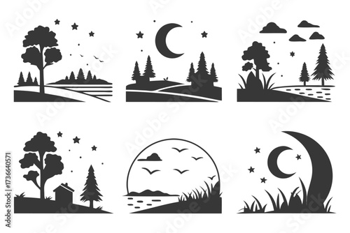 Six minimalist evening hues icons set