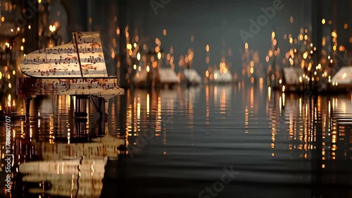 A grand piano covered in sheet music sits in a dark room with flickering lights