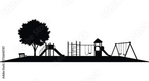 Silhouette of a playground with slides swings and a tree providing outdoor recreation for children