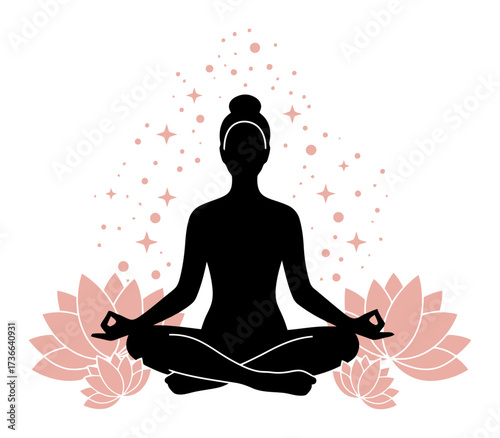 Woman's silhouette in a yoga lotus pose with lotus flowers and stars. Vector illustration for meditation, mindfulness, spiritual wellness, and harmony.