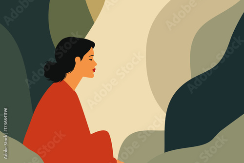 Minimalist illustration of woman in red sitting calmly in abstract green nature background