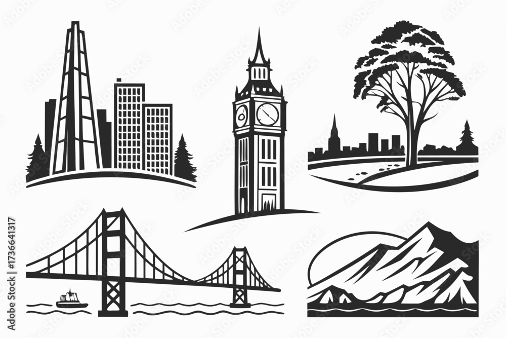 Obraz premium Golden skyline minimalist icon set with cityscape elements