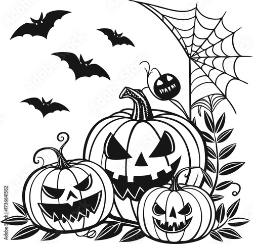 Six black silhouette carved halloween pumpkins jack o lantern spooky