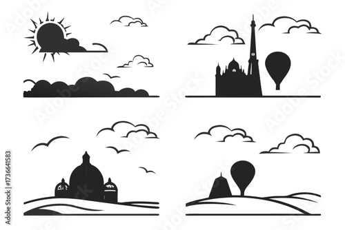 Minimalist horizon cloud and veil icon set