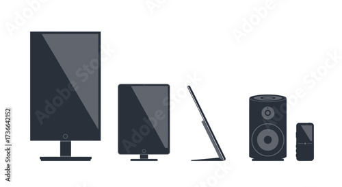A collection of modern electronic devices including a large screen monitor a tablet a slim laptop a speaker and a small mobile phone