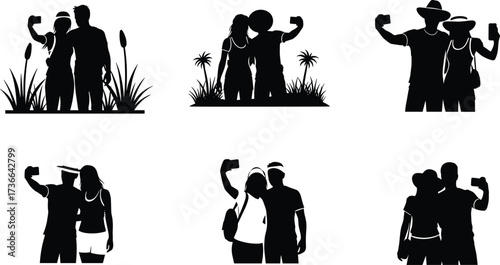 Couples taking selfies in travel destinations, romantic silhouette poses, vacation moments, nature and tropical backgrounds, love and leisure lifestyle, black and white illustration