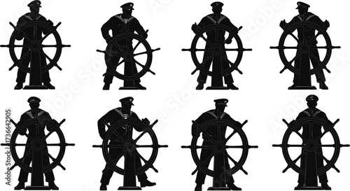Silhouettes of sailors in naval uniforms steering ship wheels, maritime crew poses, nautical navigation concept, black and white vector illustration set