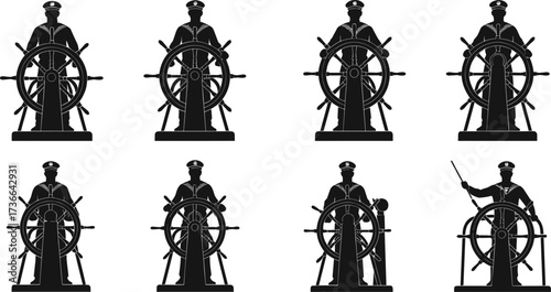 Ship captain silhouettes with steering wheels, maritime leadership poses, nautical authority concept, black vector illustration set for marine design and navigation themes