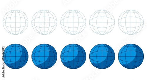 A Collection of Five Wireframe Globes Shown Above Five Solid Blue Globes Representing Global Concepts and Designs