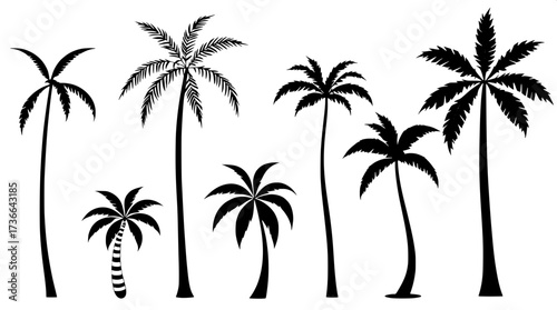 Modern minimalist poster with eight palm tree line drawings in horizontal layout. Black outlines, some solid fills, neutral cream background, clean flat design emphasizing geometry and simplicity.”