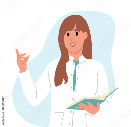 Female doctor holding an open notebook, explaining medical notes or giving instructions. Vector flat illustration isolated on white.