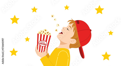 Child Joyfully Enjoying Popcorn at the Cinema, Smiling with the Stars Around Him
